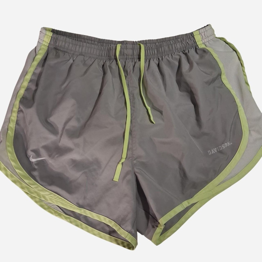 Womens Nike gray running shorts with neon green trim Davidson College logo